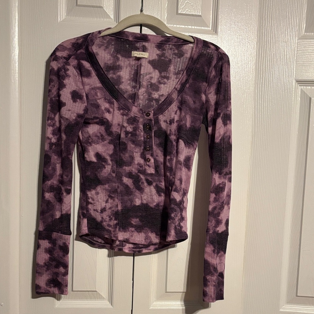 PILCRO for Anthropologie Andie ribbed purple tie dye henley top size XXS - Picture 2 of 8